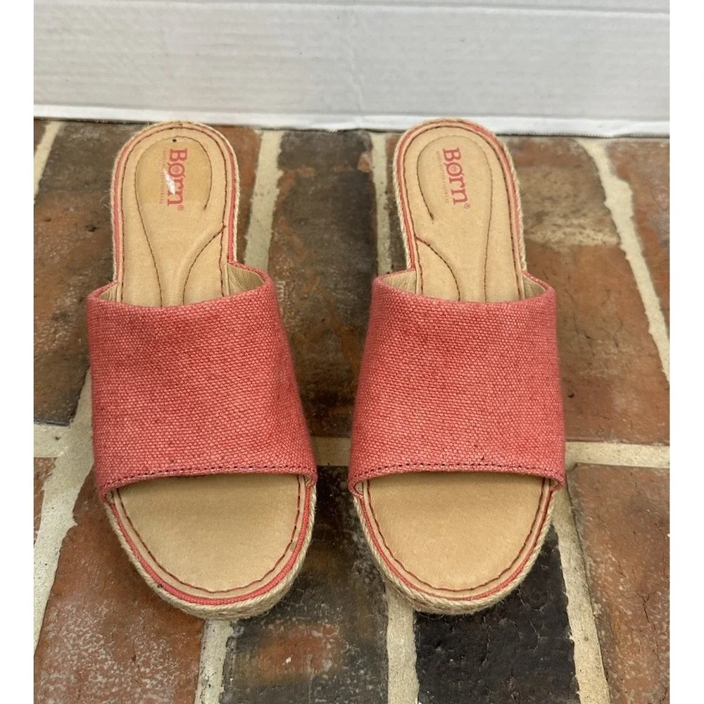Born Red Canvas Espadrille Sandals High Jute Wedge Heel Open Toe Women's 8
